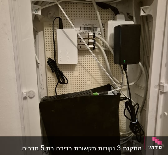 ארון תקשורת עם נתבים וכבלים מחוברים